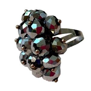 Vintage Y2K Black Beaded Adjustable Statement Cocktail Ring